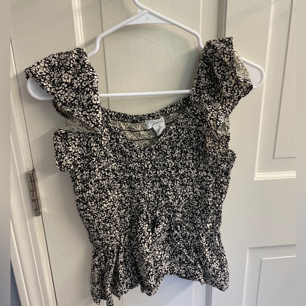 japna smocked ruffle black top with cream colored flower print